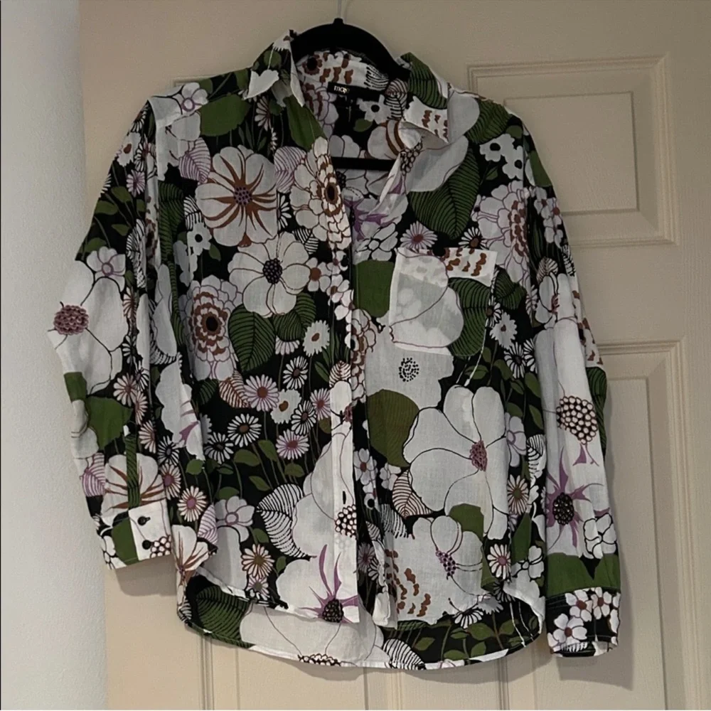 MAJE Coflower Floral-print Cotton-voile Shirt In Flower 70's Black - Picture 5 of 10
